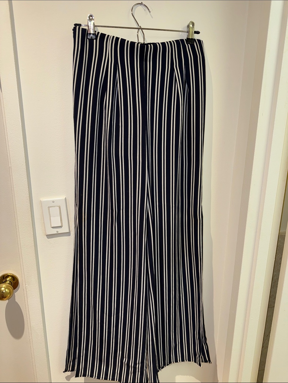 Aqua Navy and White Vertical Stripe Wide-Leg Pants